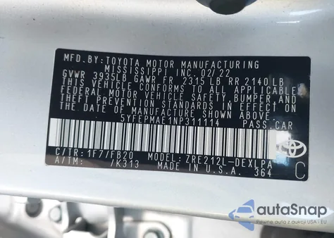 2022 Toyota Corolla Le z USA, uszkodzony, nr VIN 5YFEPMAE1NP311114